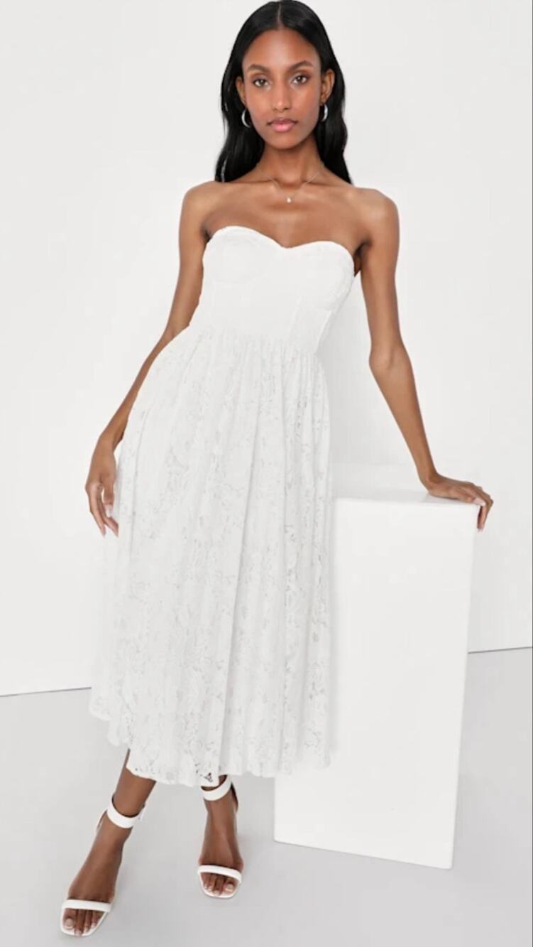 🤍 Lulus White Strapless Lace Midi Dress | Medium | NWT